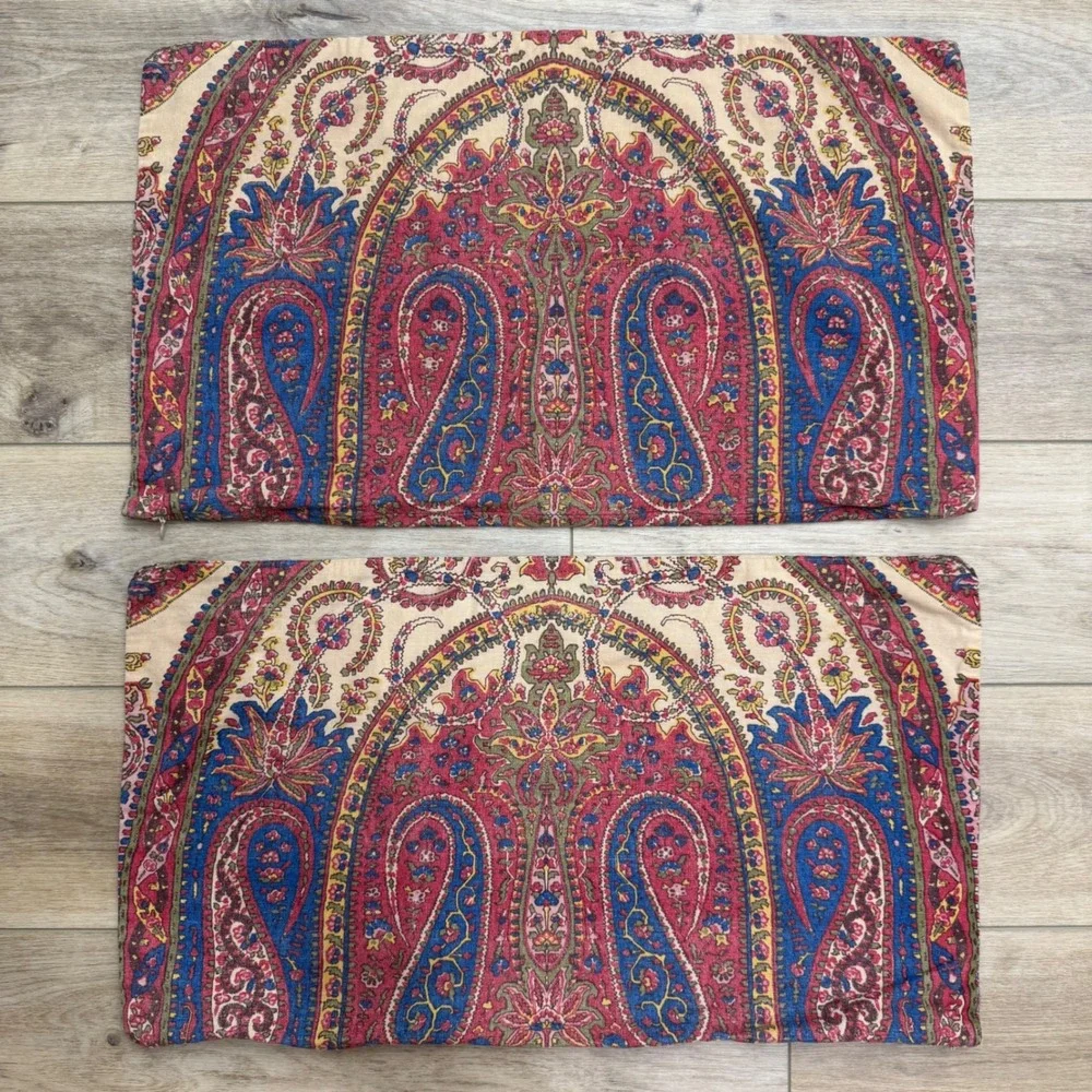 Pottery Barn Vintage Paisley Lumbar Pillow Covers Set of 2 Red Blue Cotton 16x26
